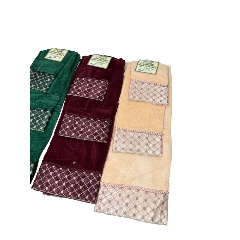 VTG Better Home 3 Piece Embroidered Bath Ensemble Towel Set Green Burgundy Peach